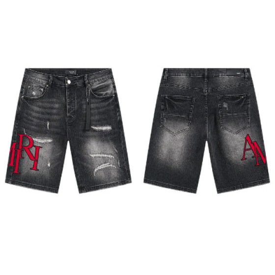 Black Washed Denim Shorts with Red AMIRI Logo
